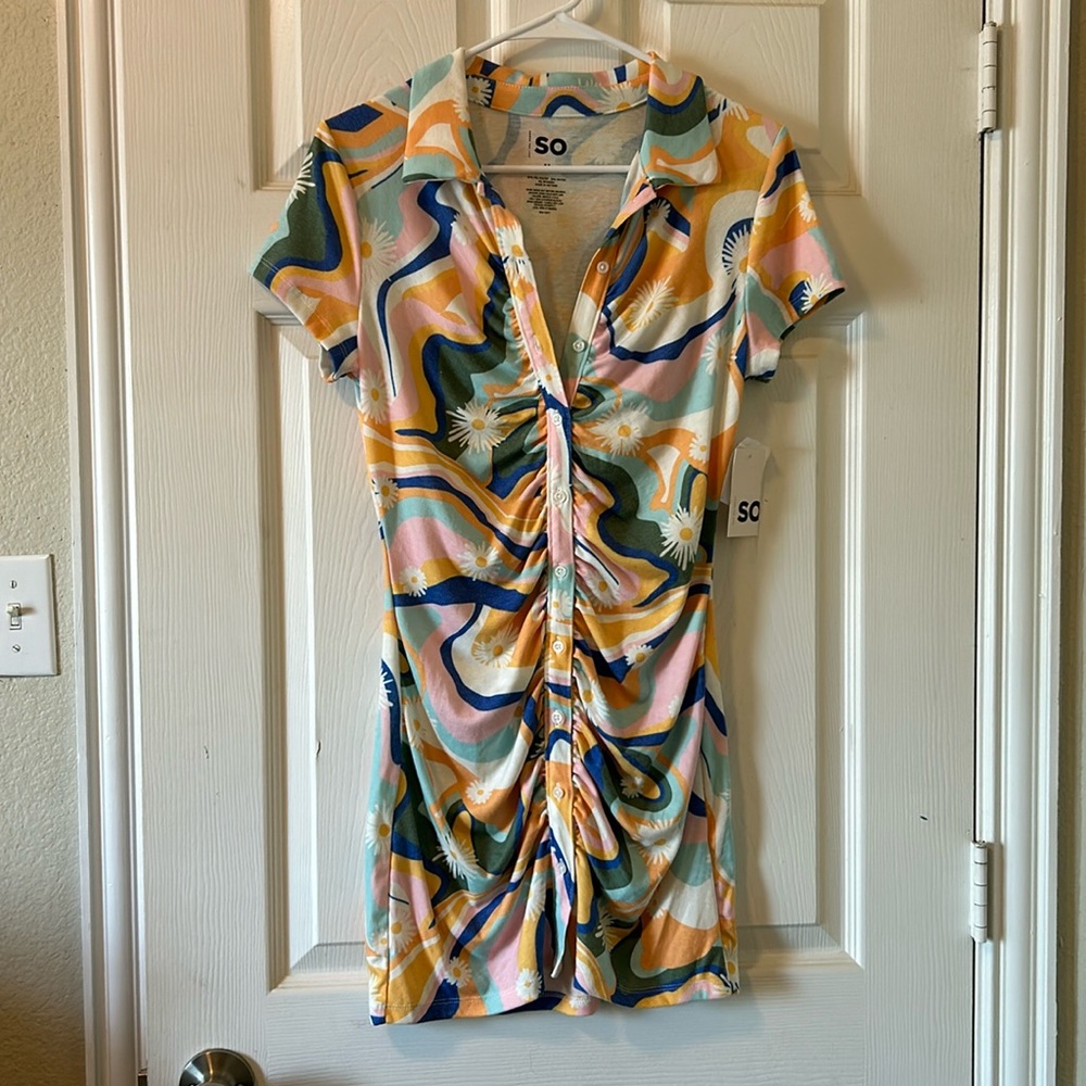 NWT SO Short Sleeve Shirred Polo Dress Multicolored Daisy